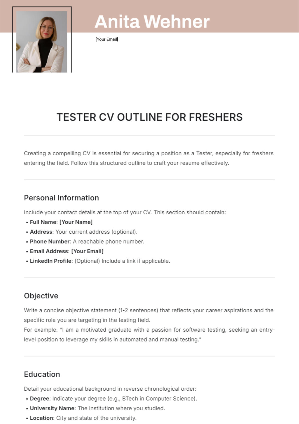 Tester CV Outline for Freshers Template - Edit Online & Download