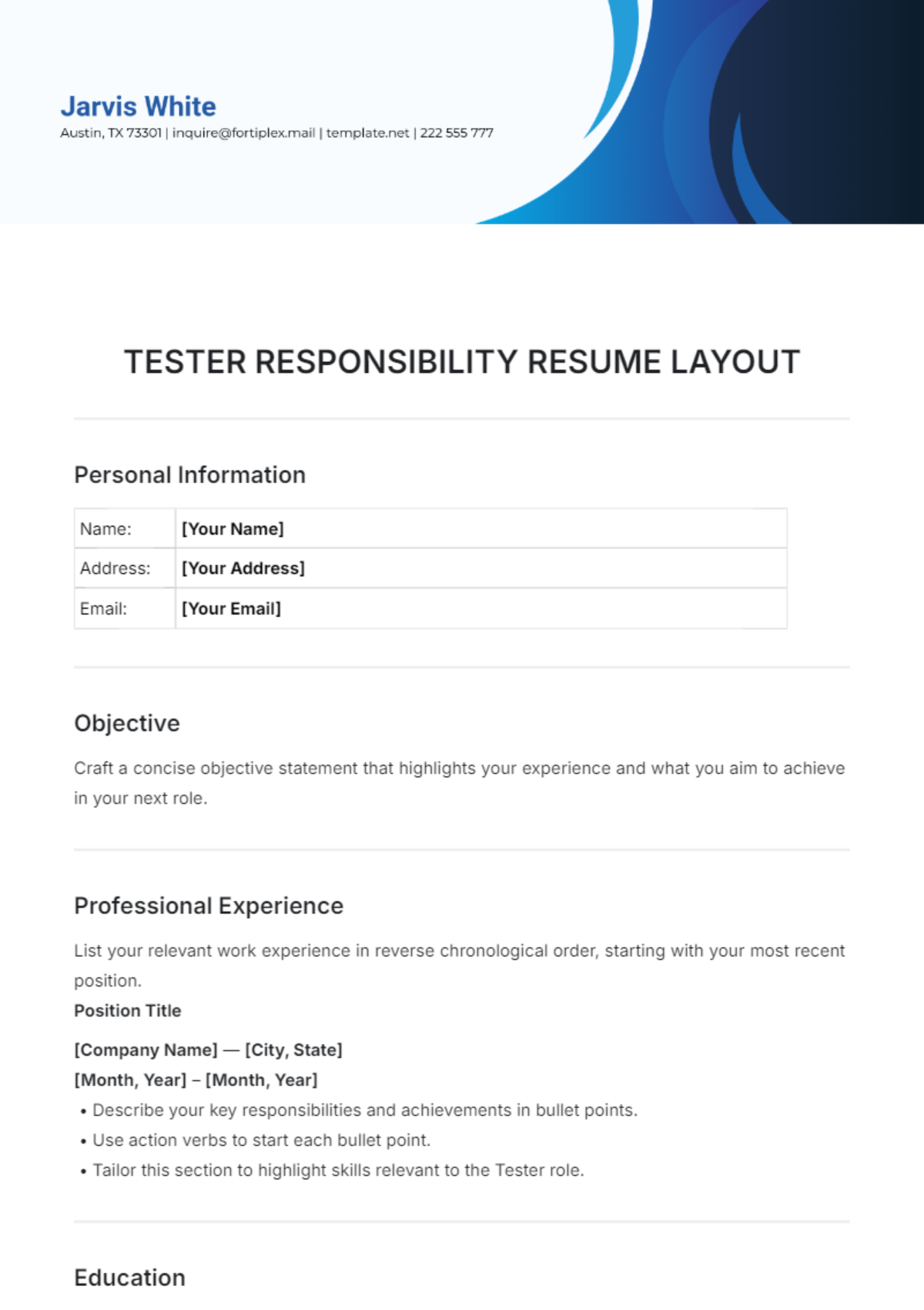 Tester Responsibilities Resume Layout Template - Edit Online & Download