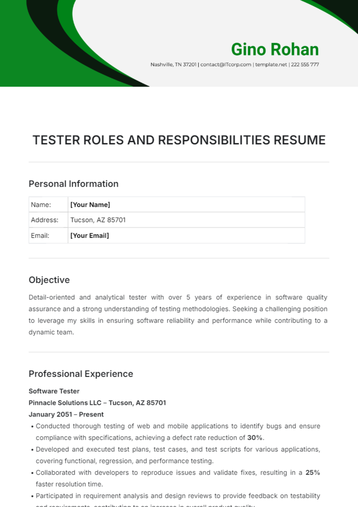 Tester Roles and Responsibilities Resume Template - Edit Online & Download