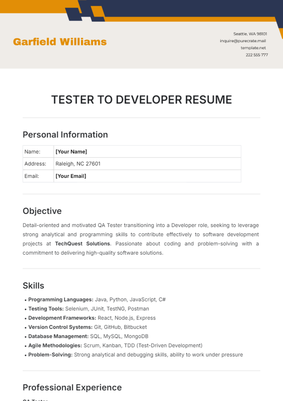 Tester to Developer Resume Template - Edit Online & Download