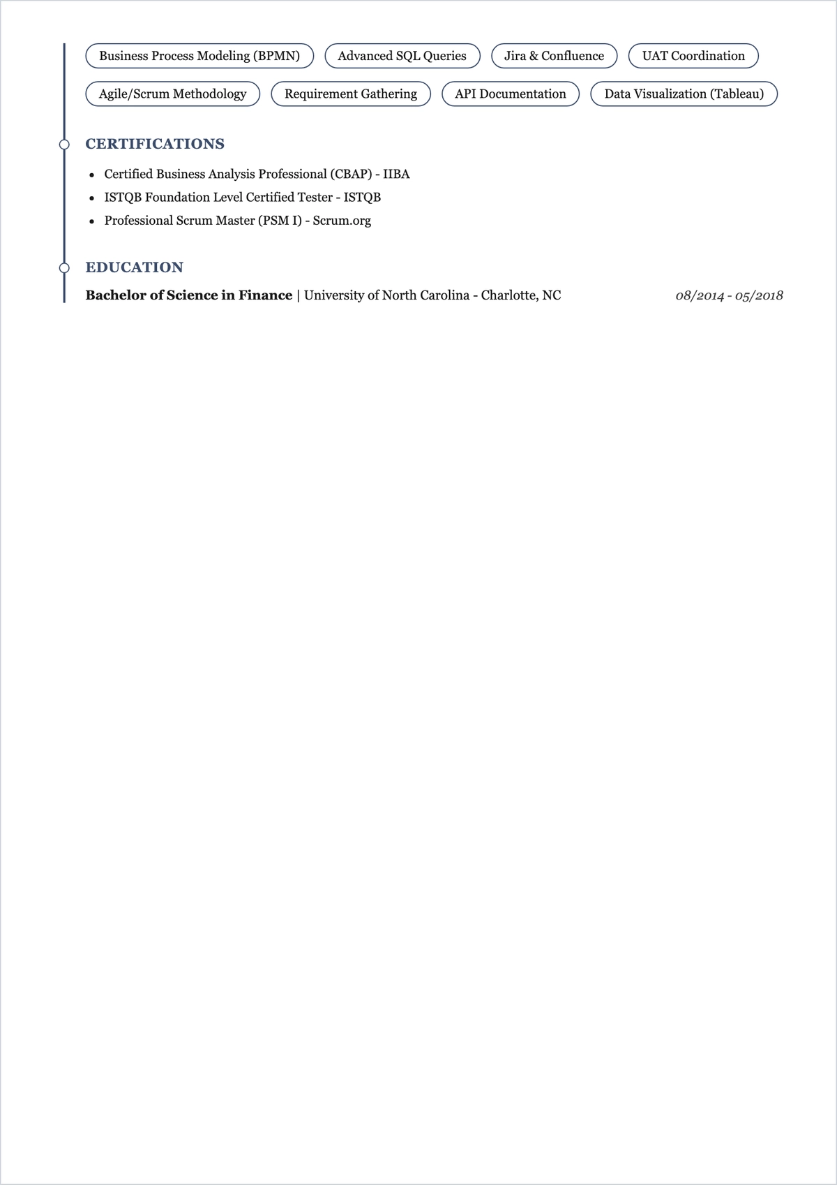 Free Tester to Business Analyst ATS Resume Template, AI Resume Builder