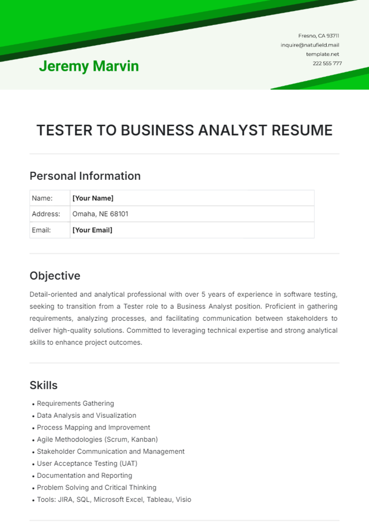 Tester to Business Analyst Resume Template - Edit Online & Download