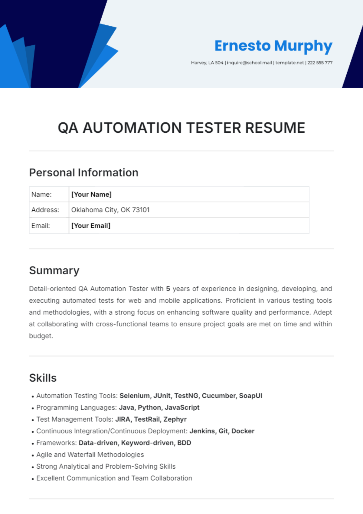 QA Automation Tester Resume Template - Edit Online & Download