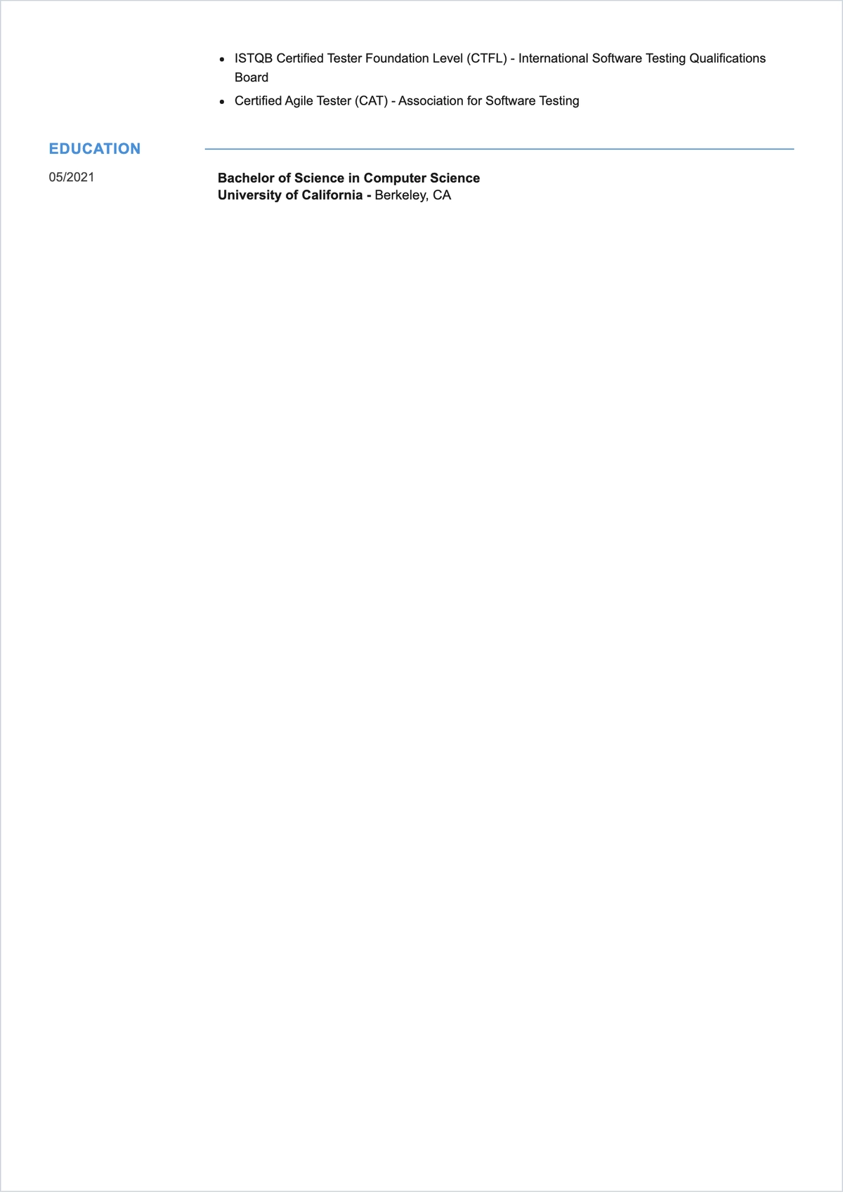 Free Software Tester Experience ATS Resume Template, AI Resume Builder