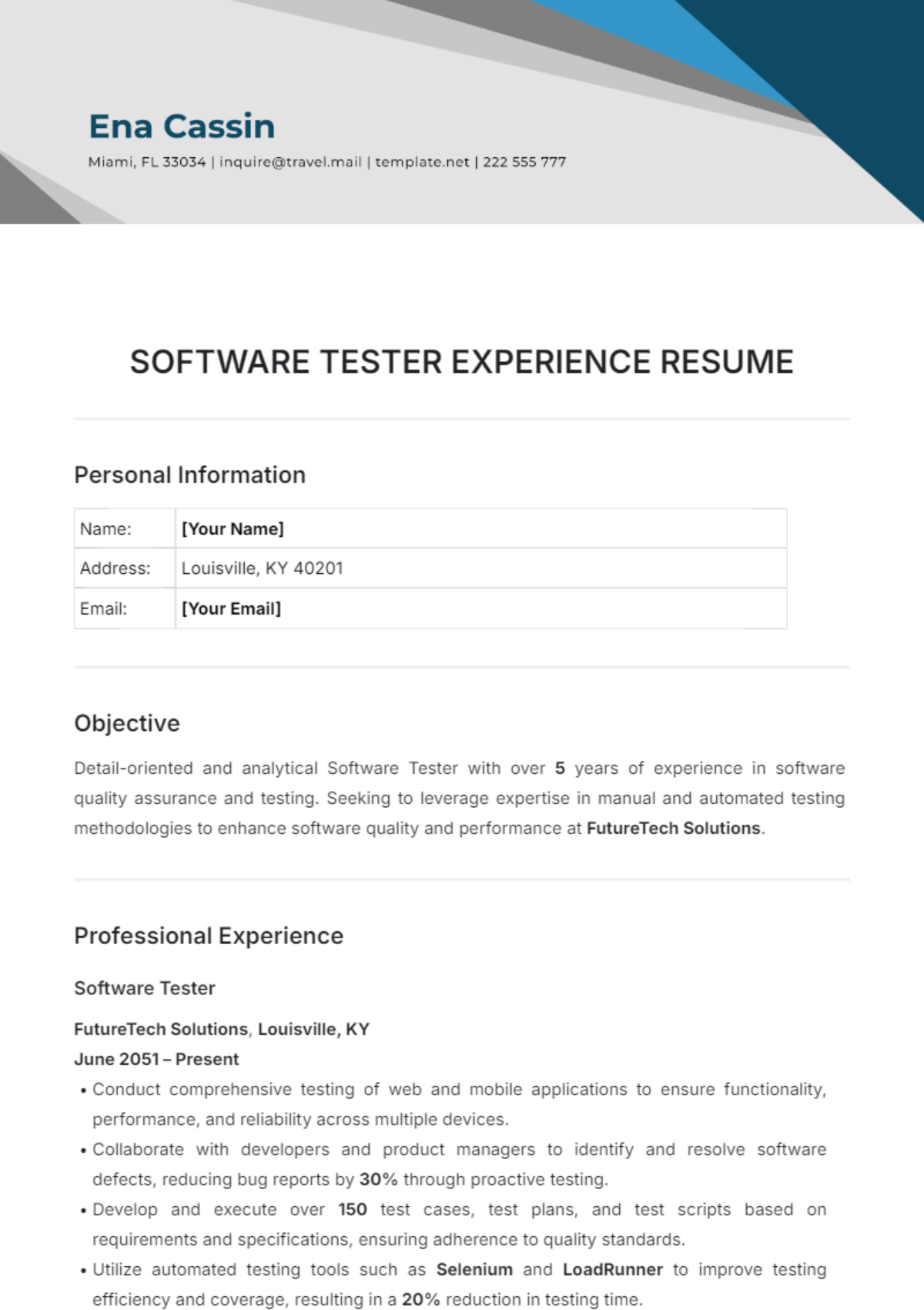 Software Tester Experience Resume Template - Edit Online & Download