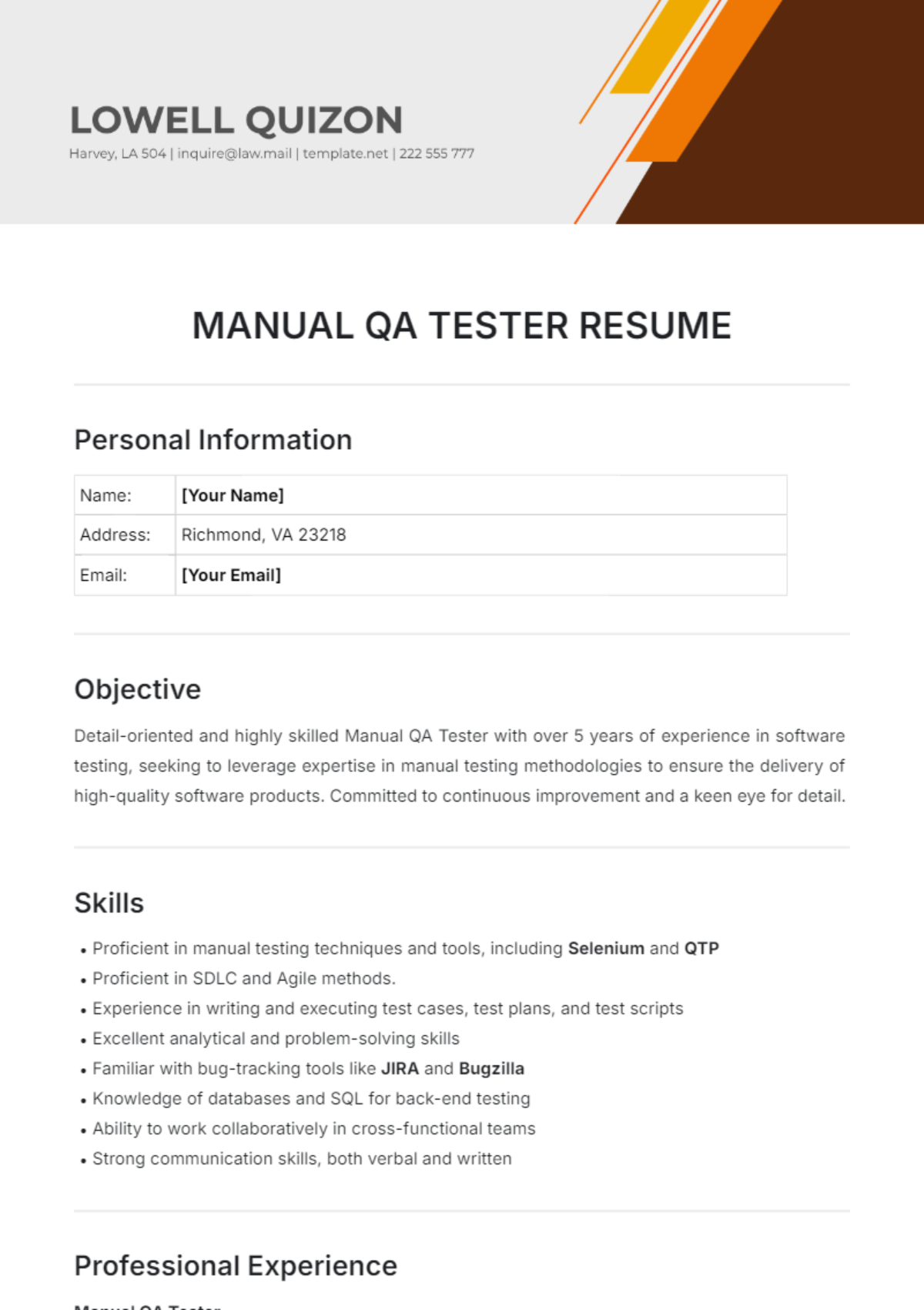 Manual QA Tester Resume Template - Edit Online & Download