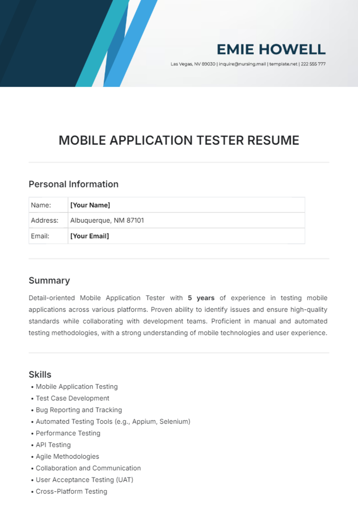 Mobile Application Tester Resume Template - Edit Online & Download