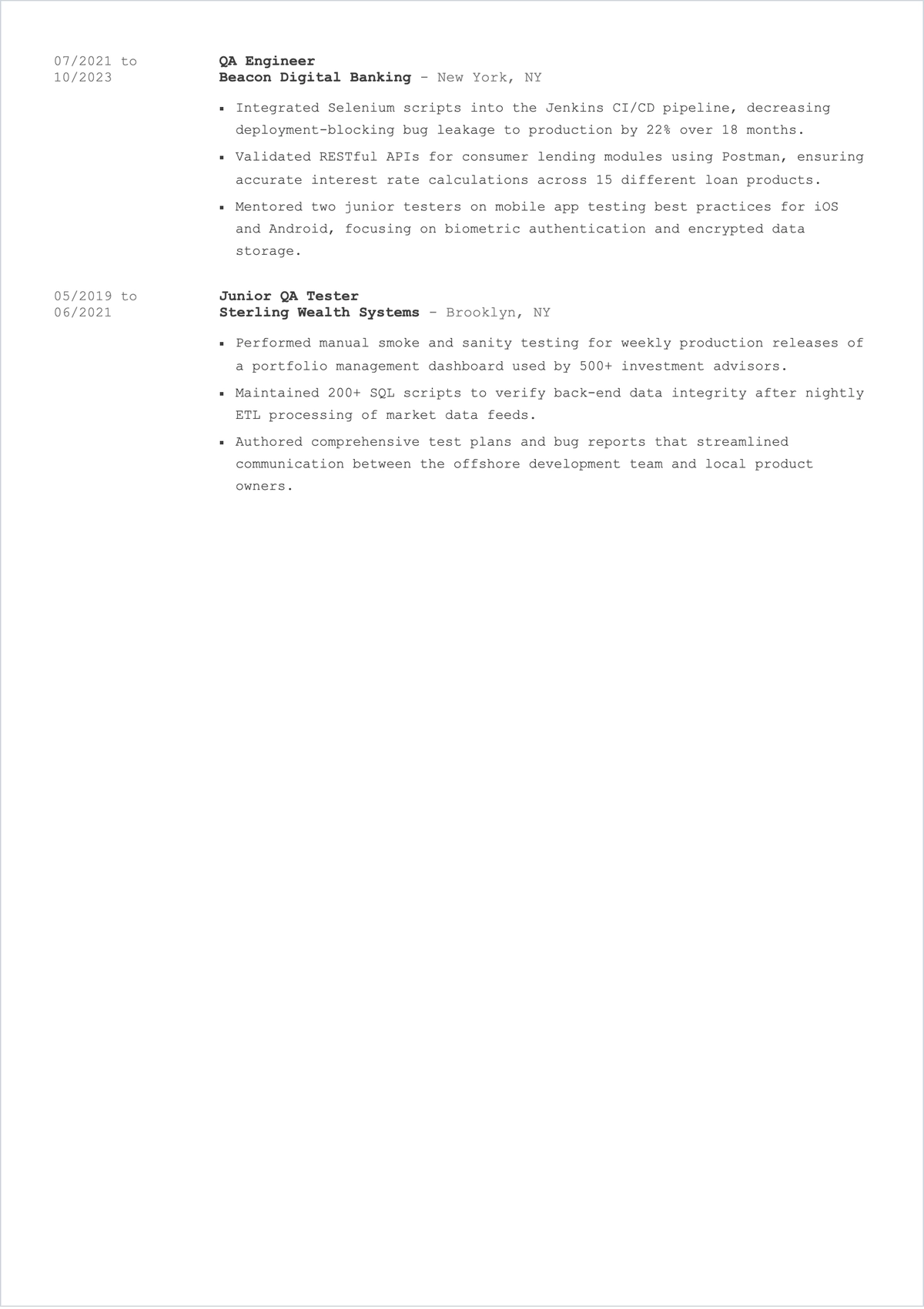 Free Software Quality Assurance Tester ATS Resume Template