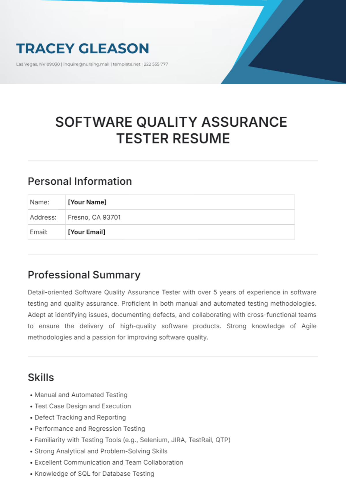 Software Quality Assurance Tester Resume Template - Edit Online & Download