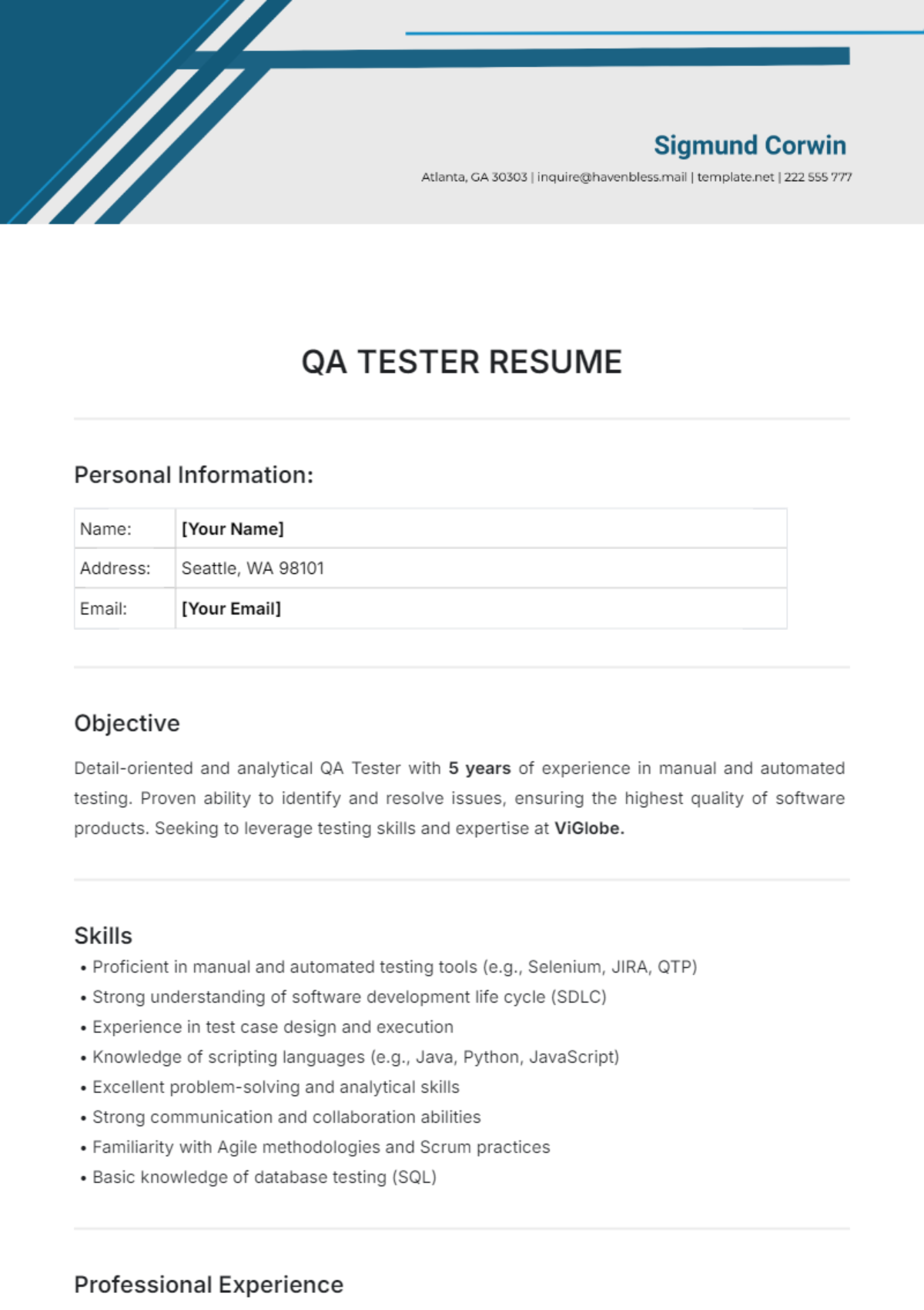 QA Tester Resume Template - Edit Online & Download