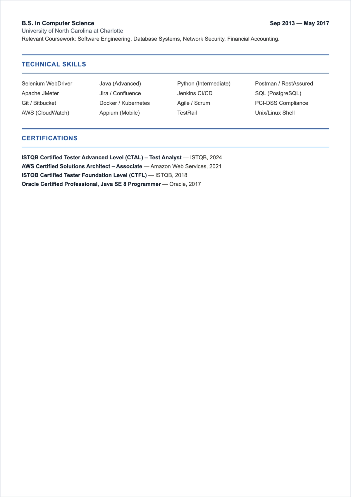 Free Printable Software Tester ATS Resume Template, AI Resume Builder