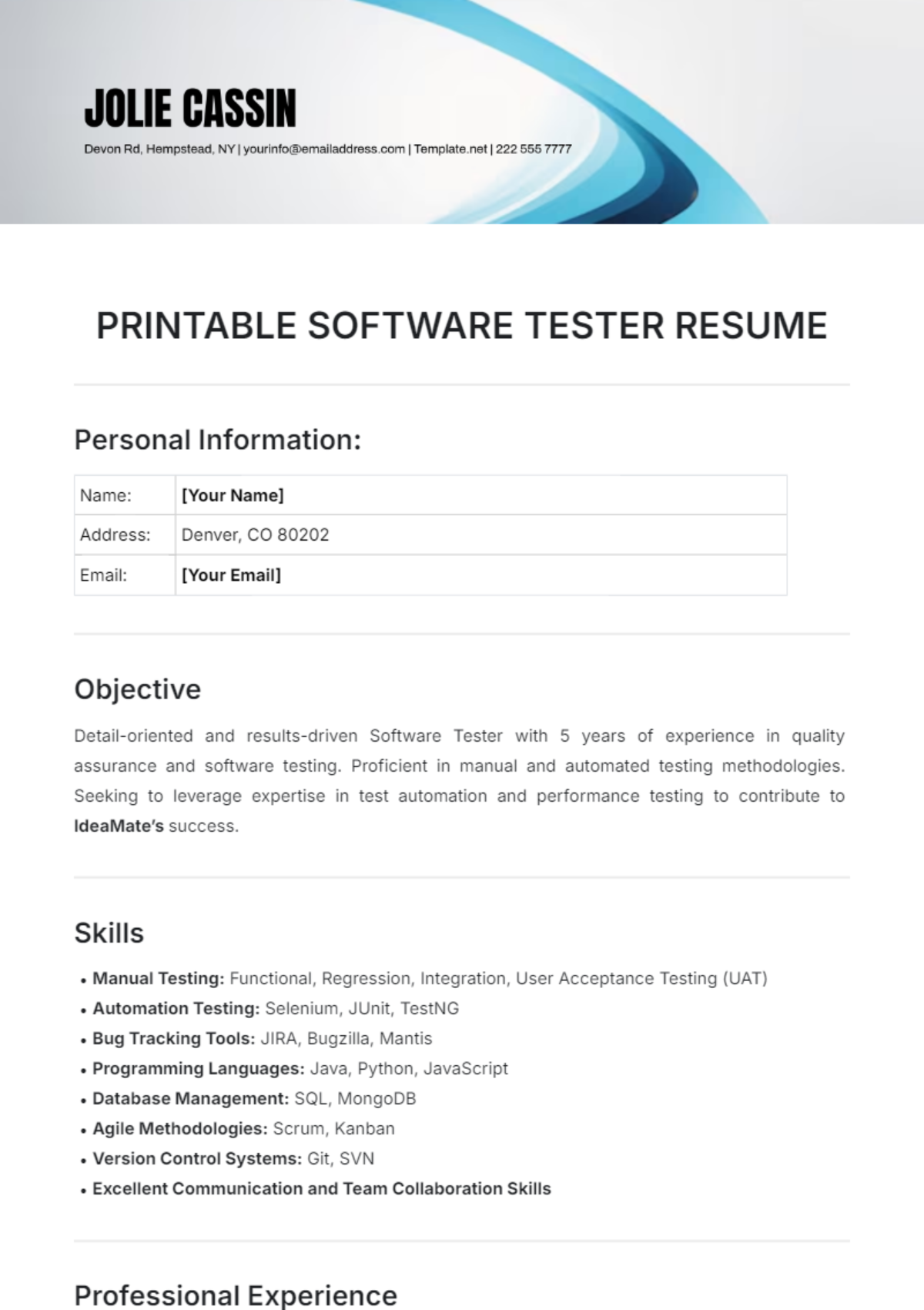 Printable Software Tester Resume Template - Edit Online & Download