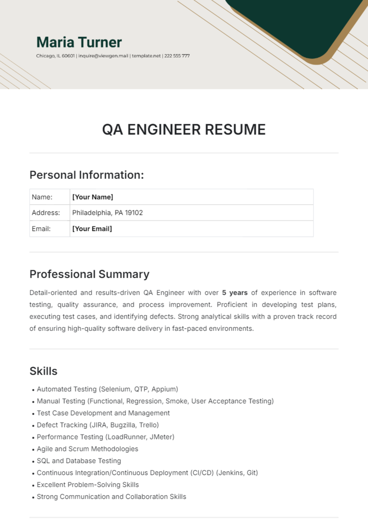 QA Engineer Resume Template - Edit Online & Download