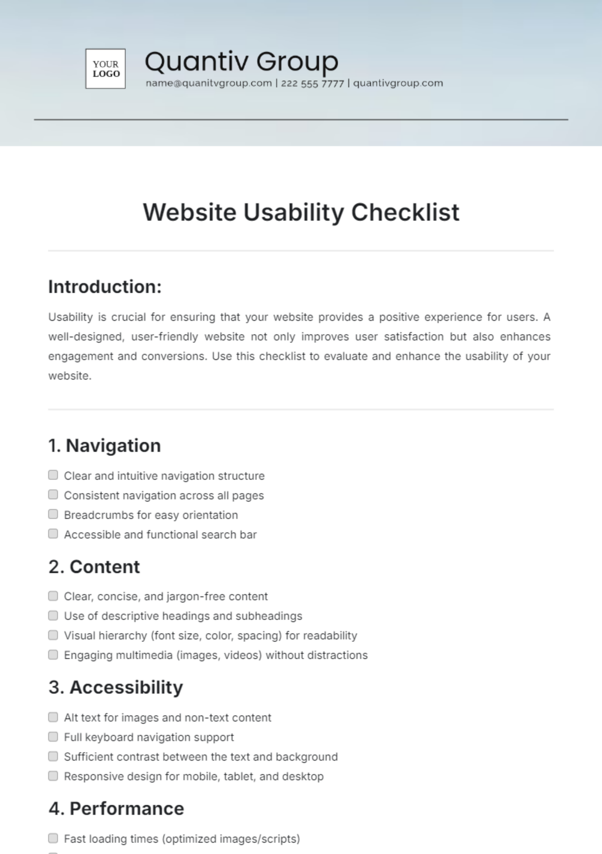 Website Usability Checklist Template