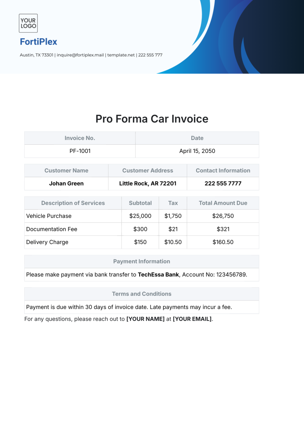 Pro Forma Car Invoice Template - Edit Online & Download