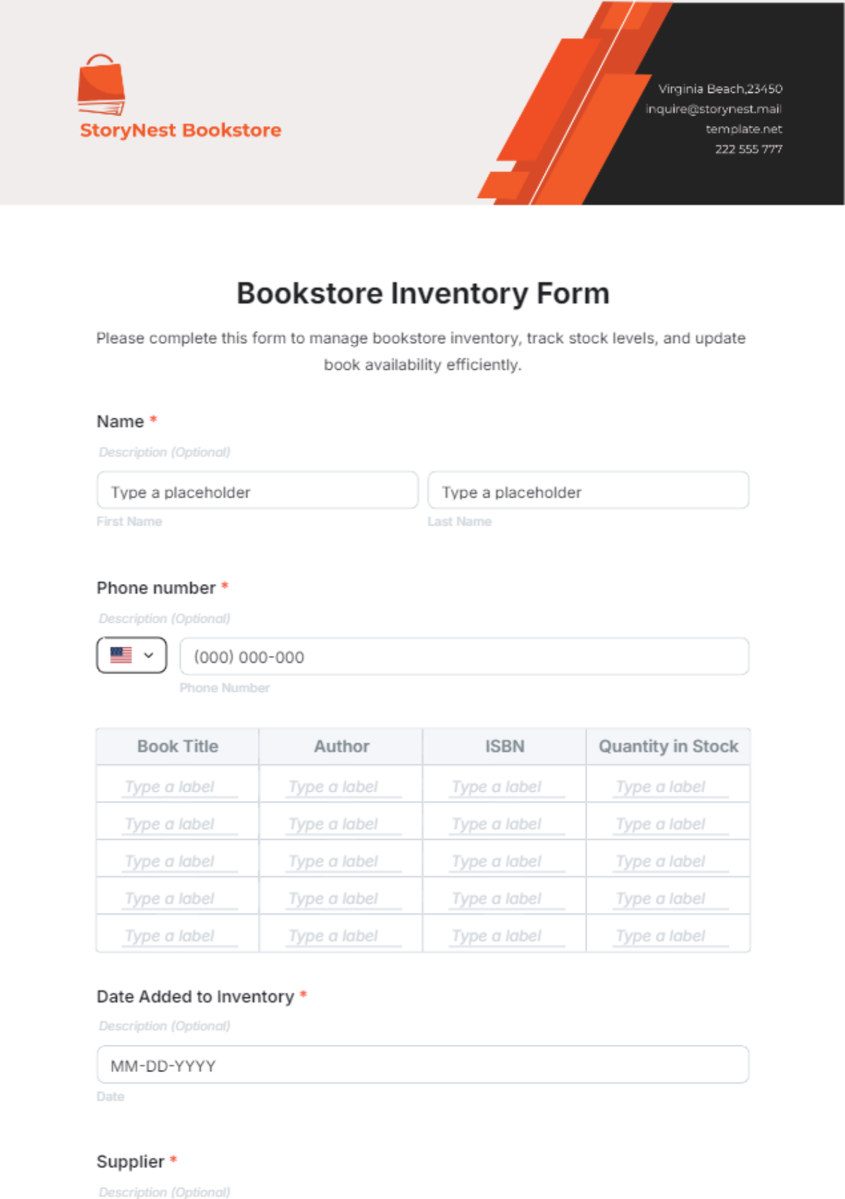 Bookstore Inventory Form Template