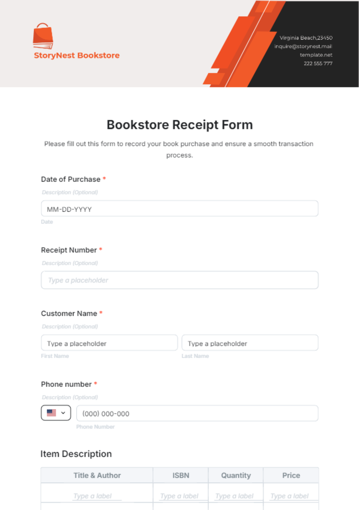 Bookstore Receipt Form Template