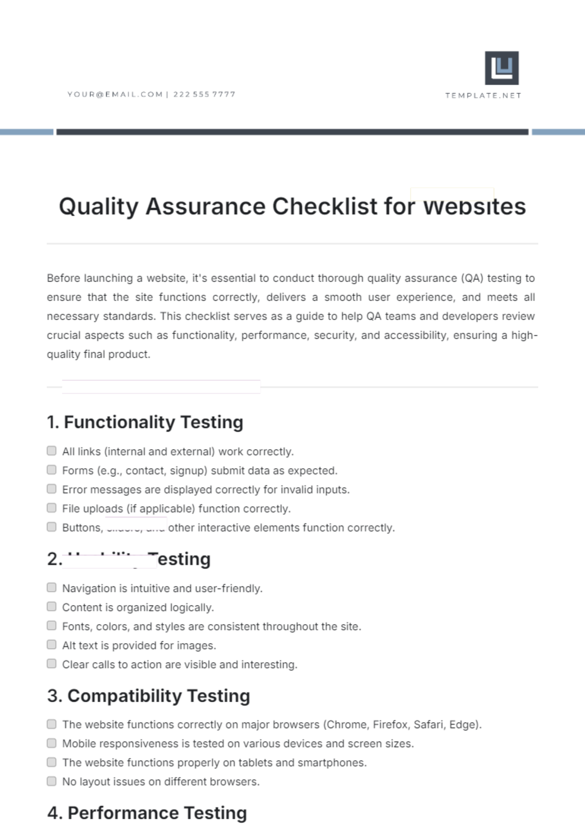 Quality Assurance Checklist for Websites Template