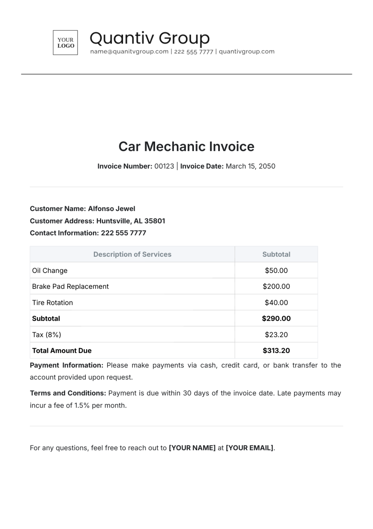 Car Mechanic Invoice Template - Edit Online & Download