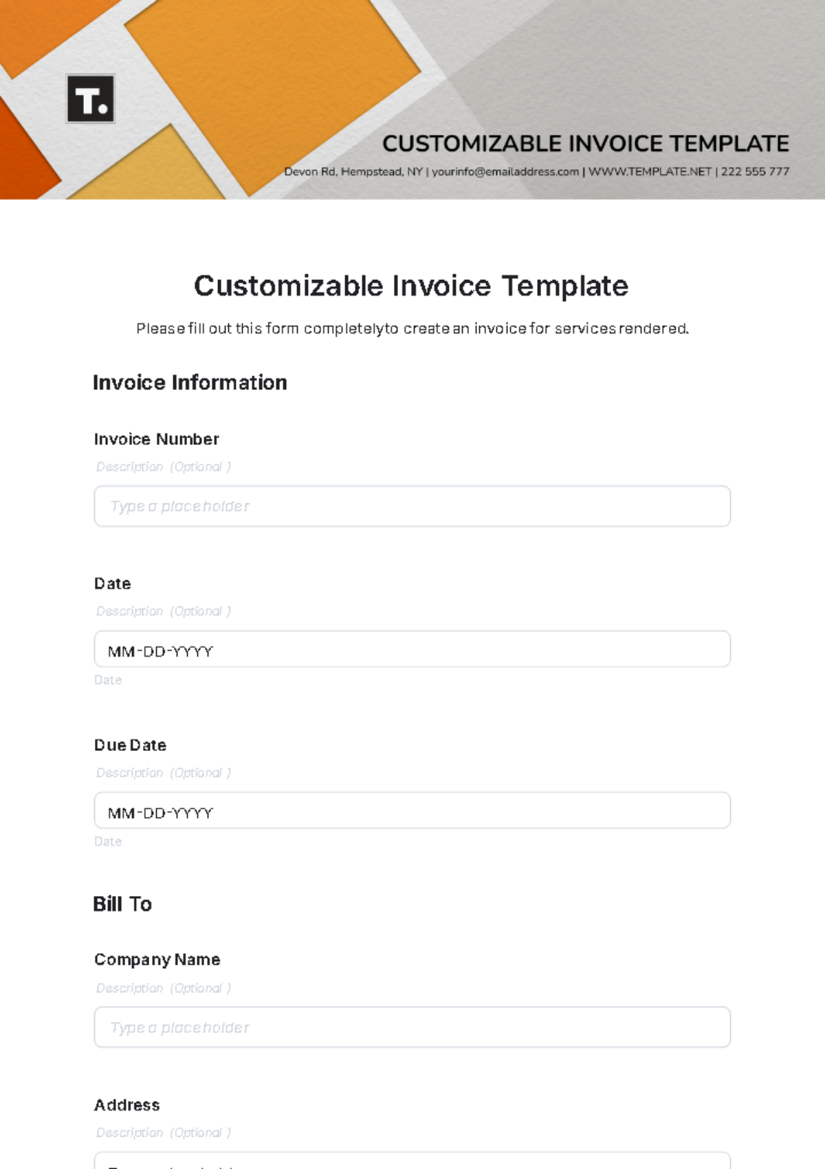 Customizable Invoice Template - Edit Online & Download