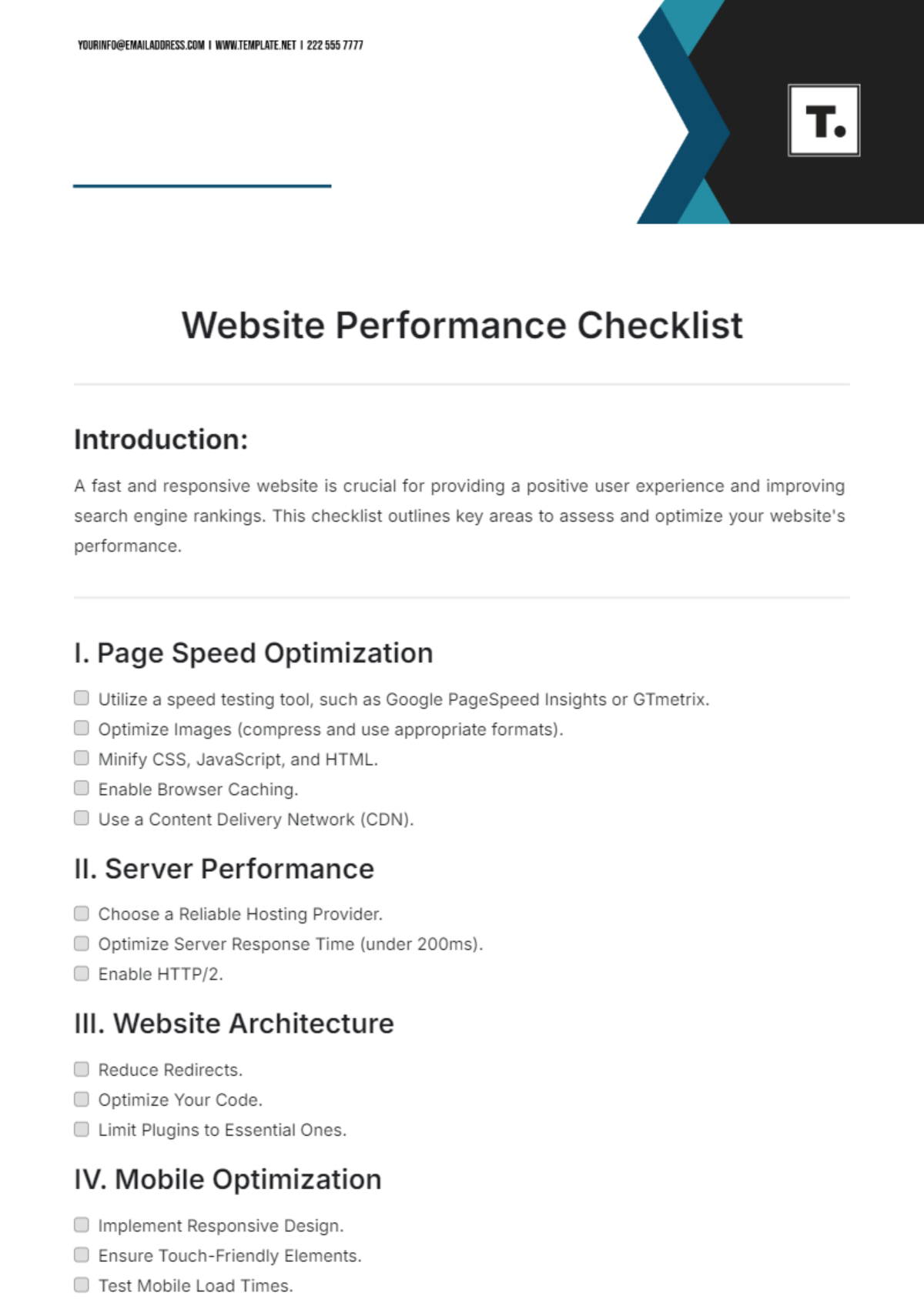 Website Performance Checklist Template