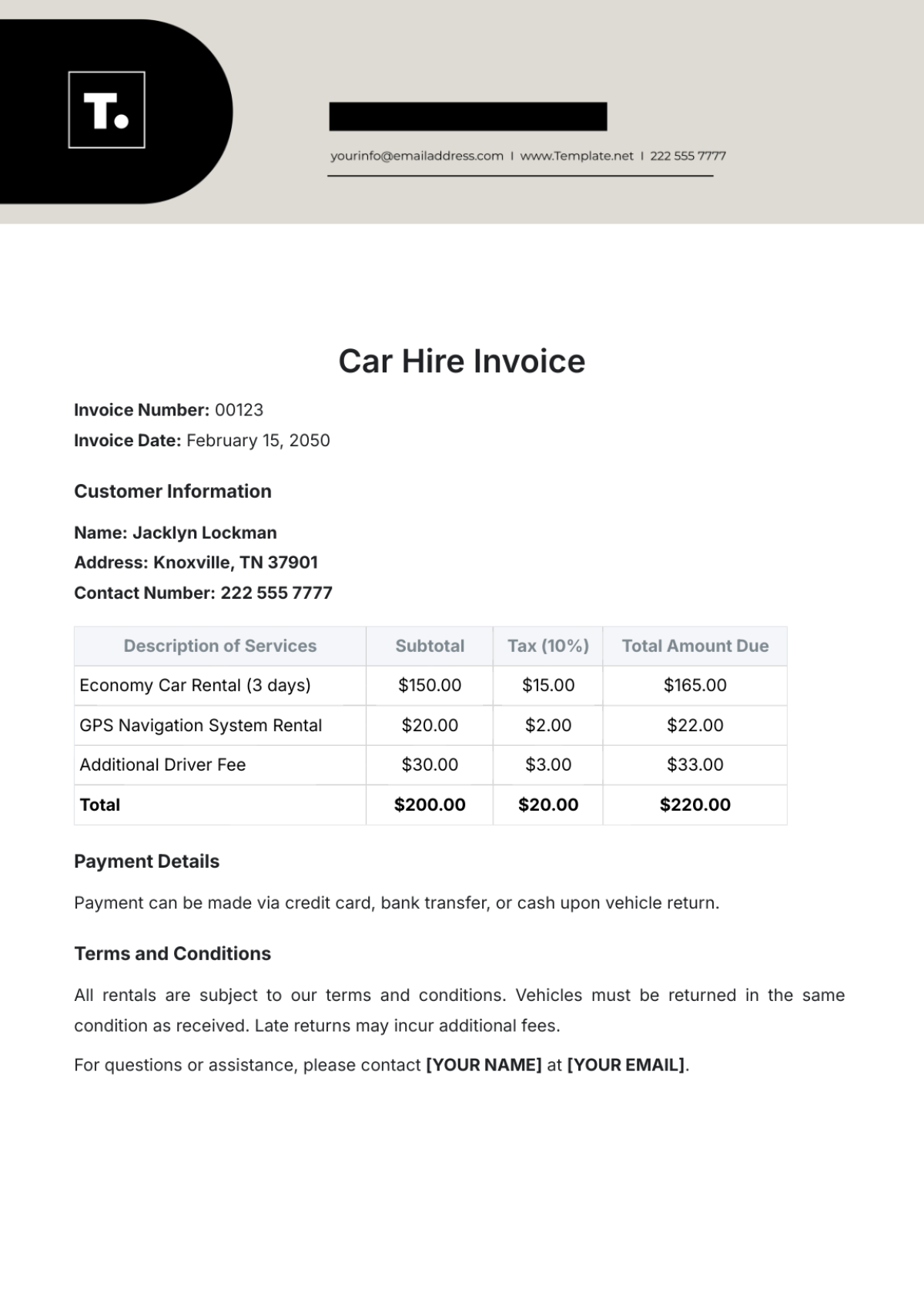 Car Hire Invoice Template - Edit Online & Download