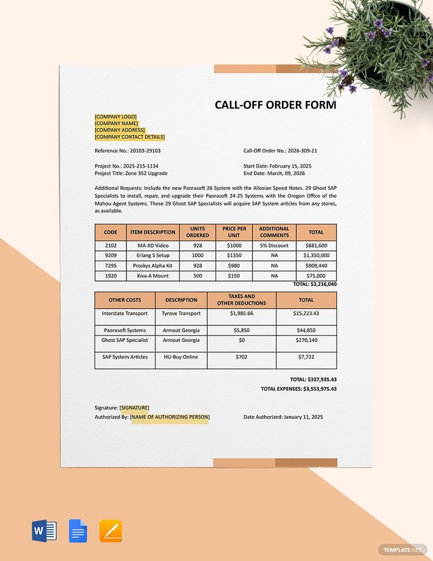 Call Off Order Form (Software Development & Licensing) Template