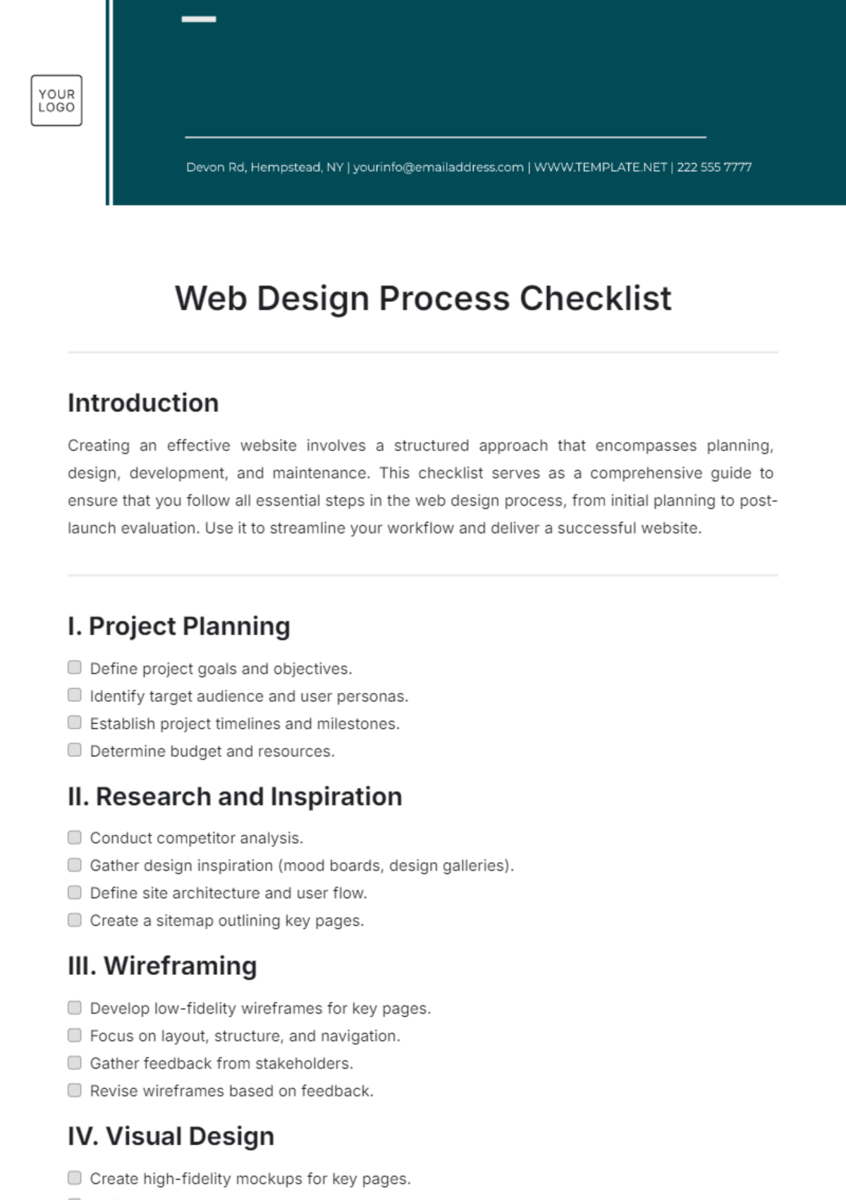 Web Design Process Checklist Template