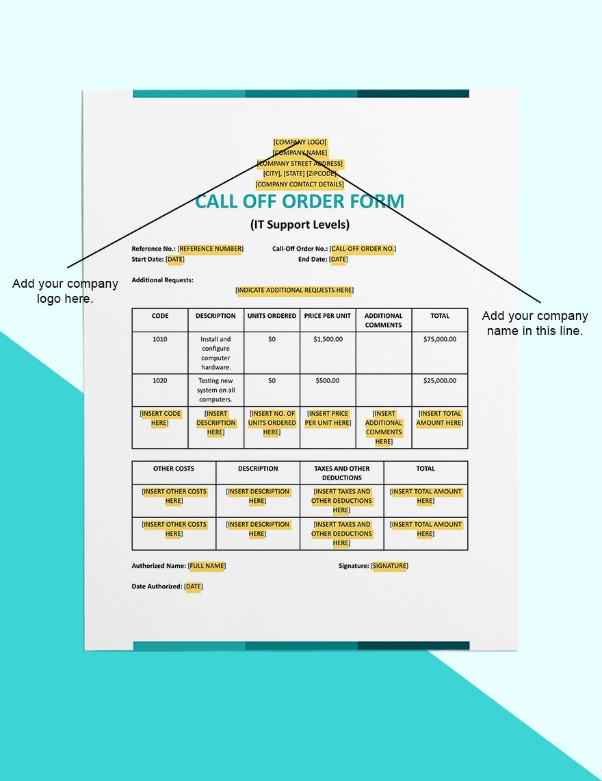 Call Off Order Form (IT Support Levels) Template