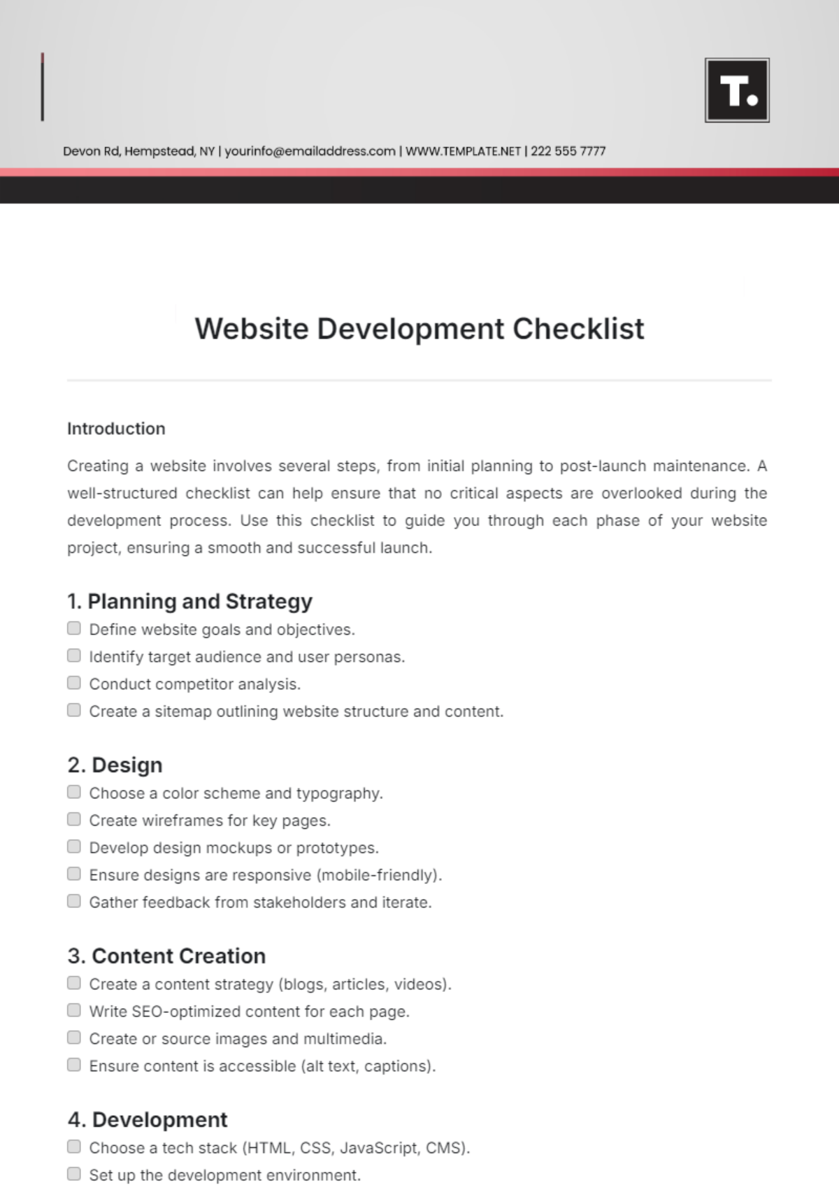 Website Development Checklist Template