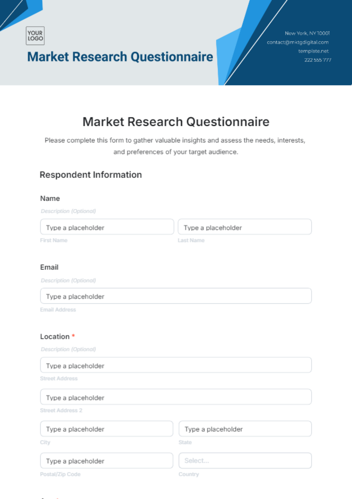 Market Research Questionnaire Template - Edit Online & Download