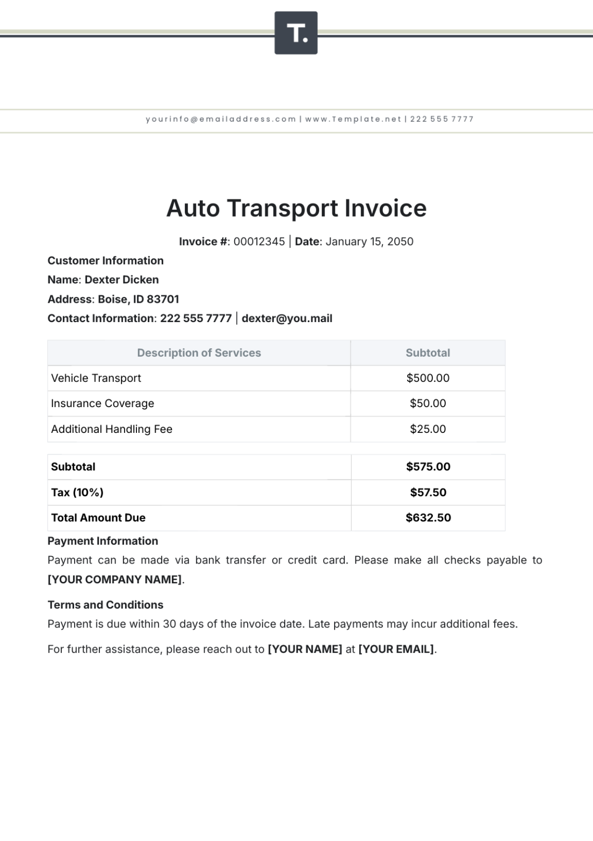 Auto Transport Invoice Template - Edit Online & Download