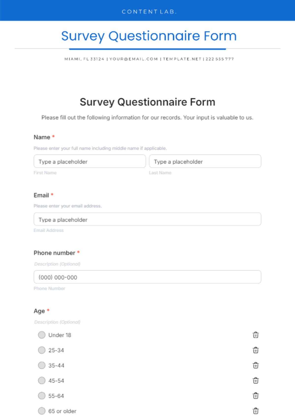 Survey Questionnaire Template - Edit Online & Download