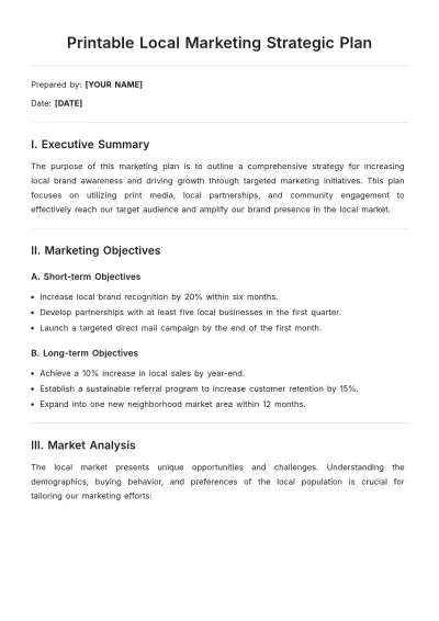 Free Printable Local Marketing Strategic Plan Template to Edit Online