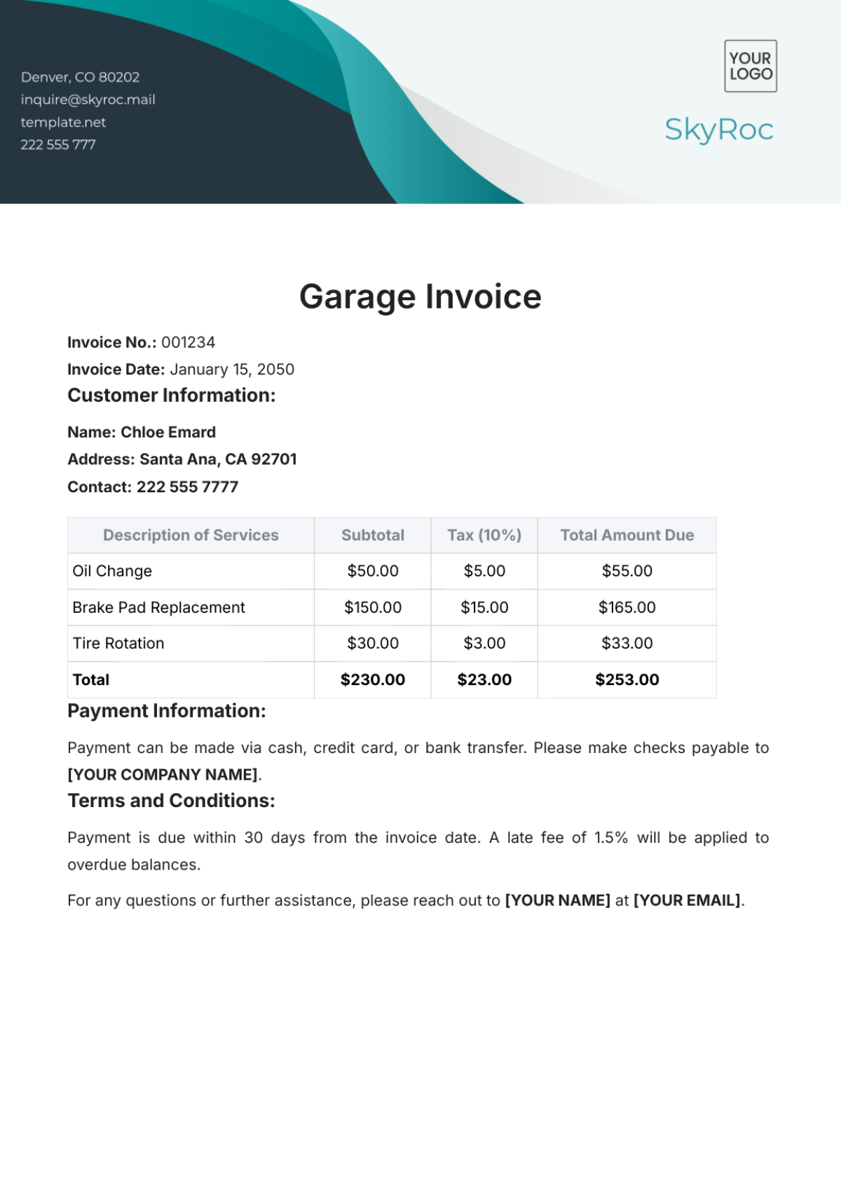 Garage Invoice Template - Edit Online & Download