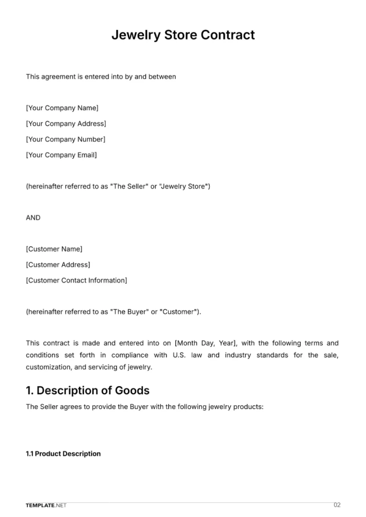 Free Jewelry Store Contract Template to Edit Online