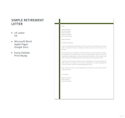 Retirement Letter Example in Microsoft Word, Apple Pages, Google Docs ...