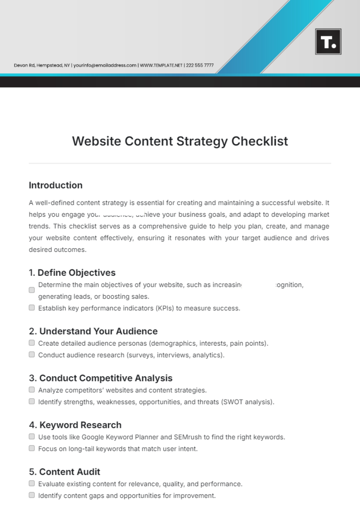 Website Content Strategy Checklist Template