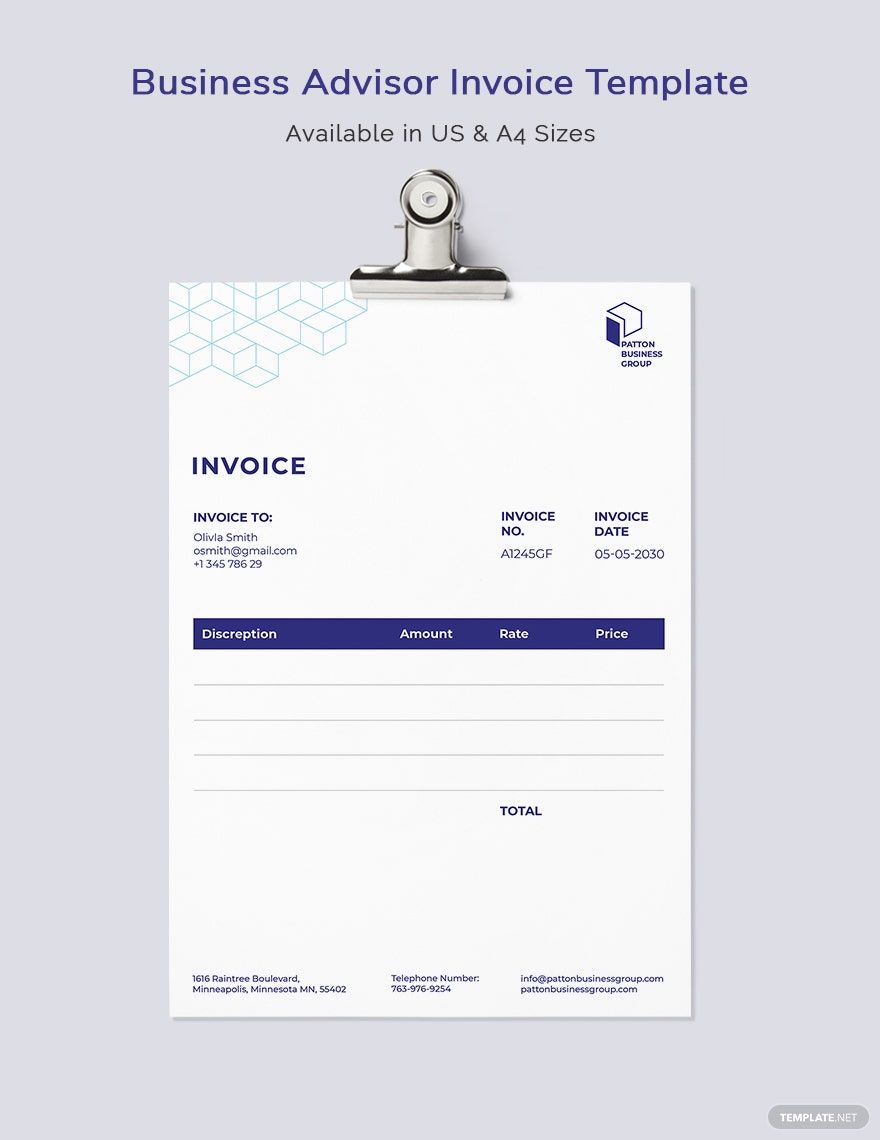 Business Advisor Invoice Template in Word, Google Docs, Excel, PDF, Google Sheets, Illustrator, PSD, Apple Pages, InDesign, Apple Numbers