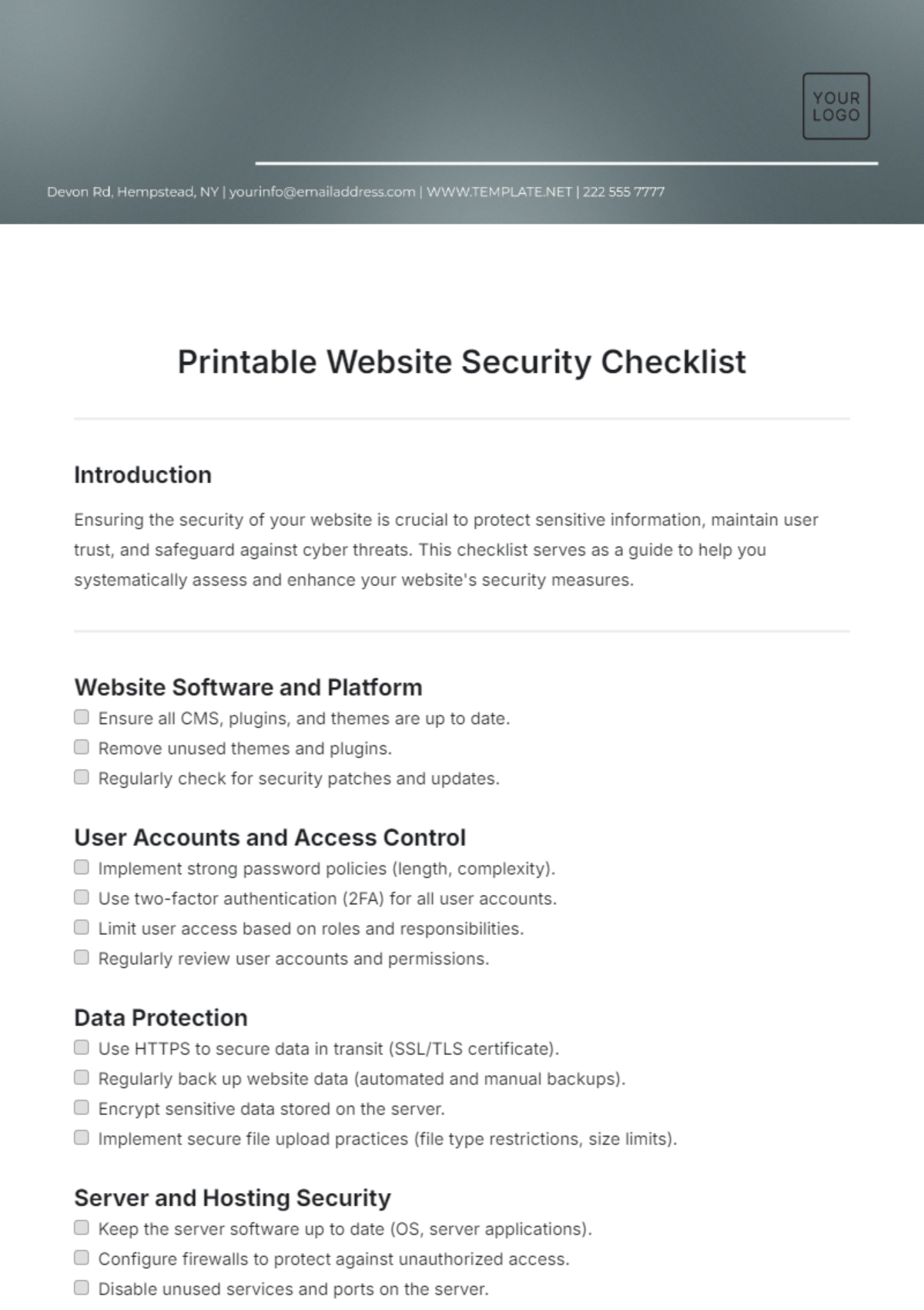 Printable Website Security Checklist Template