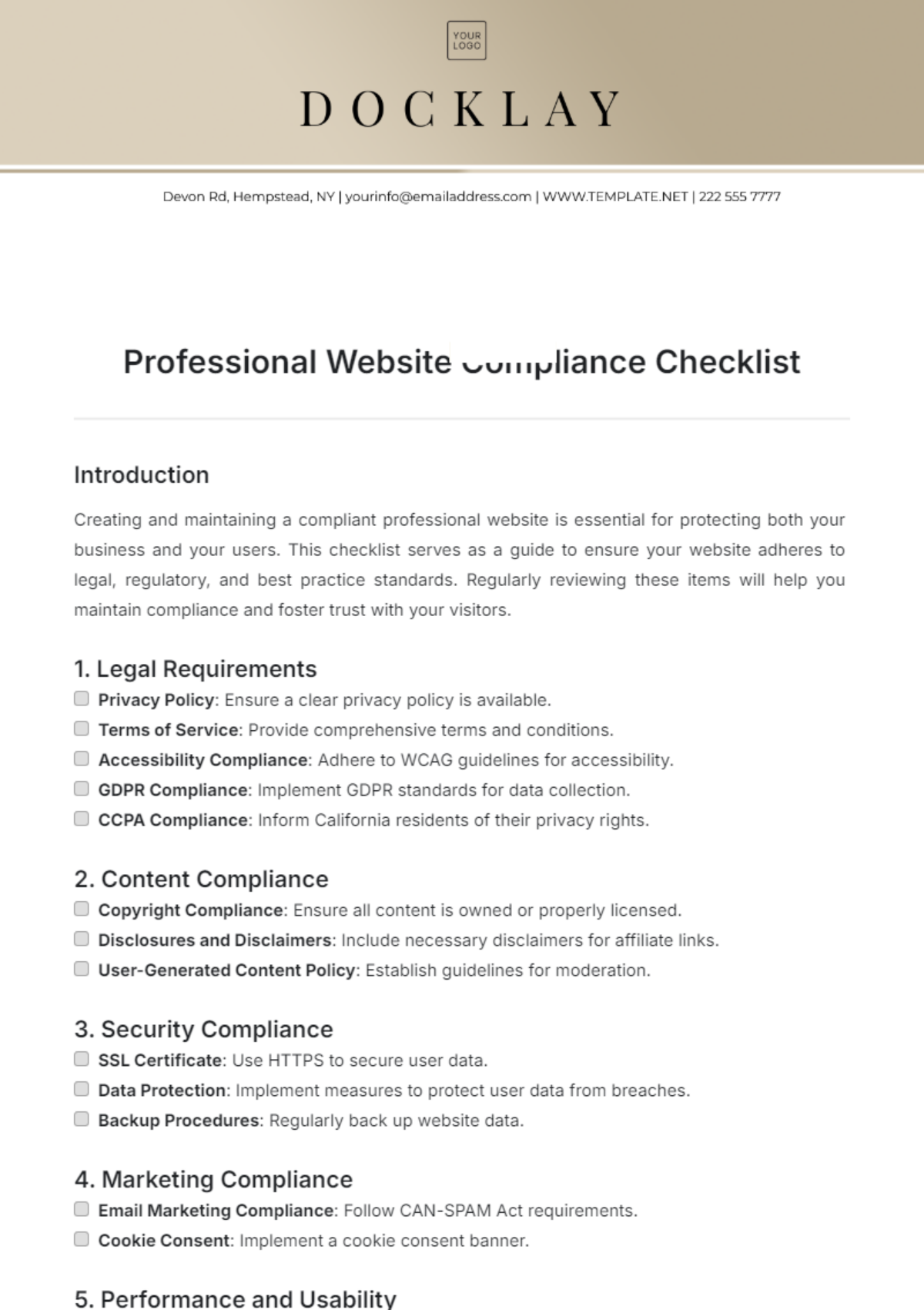 Professional Website Compliance Checklist Template - Edit Online & Download