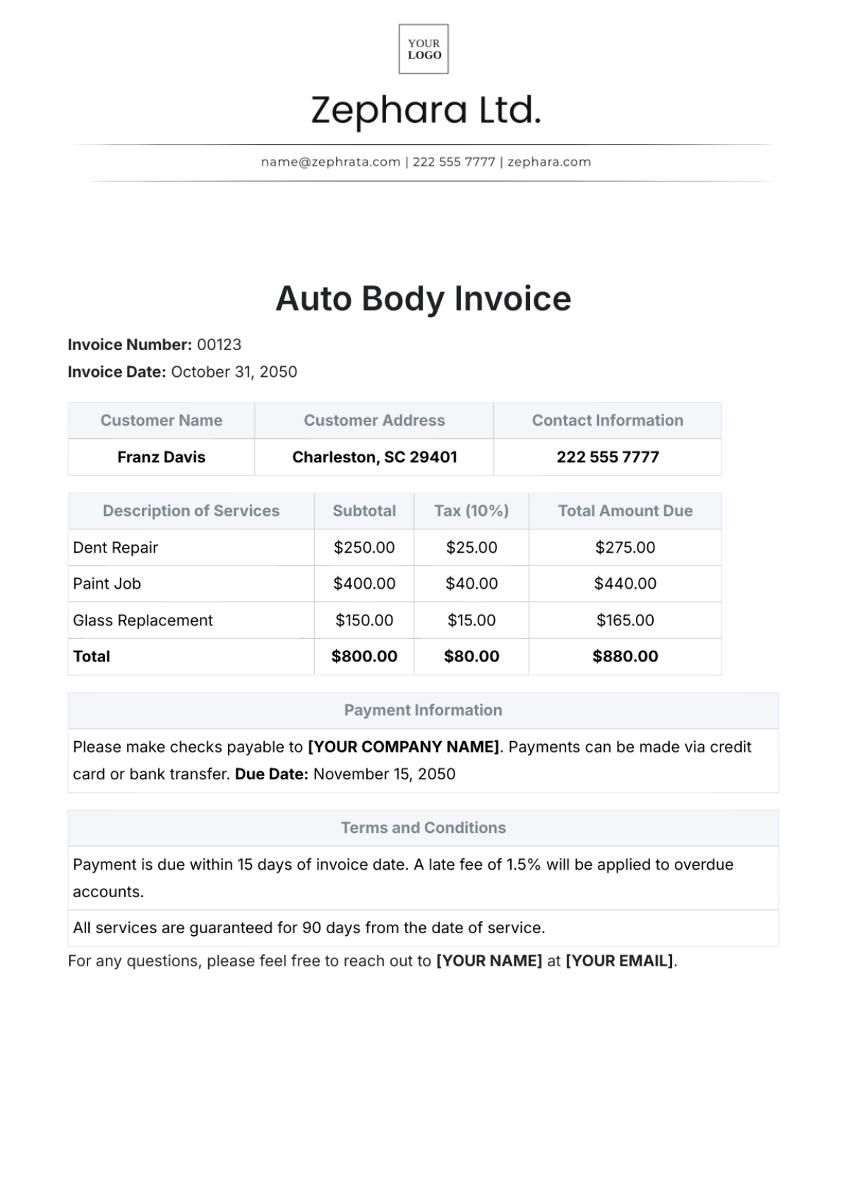 Auto Body Invoice Template - Edit Online & Download