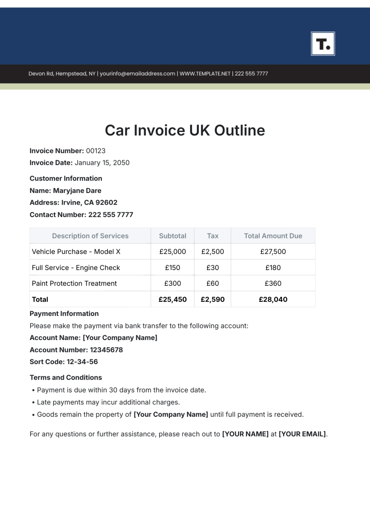 Car Invoice UK Outline Template - Edit Online & Download