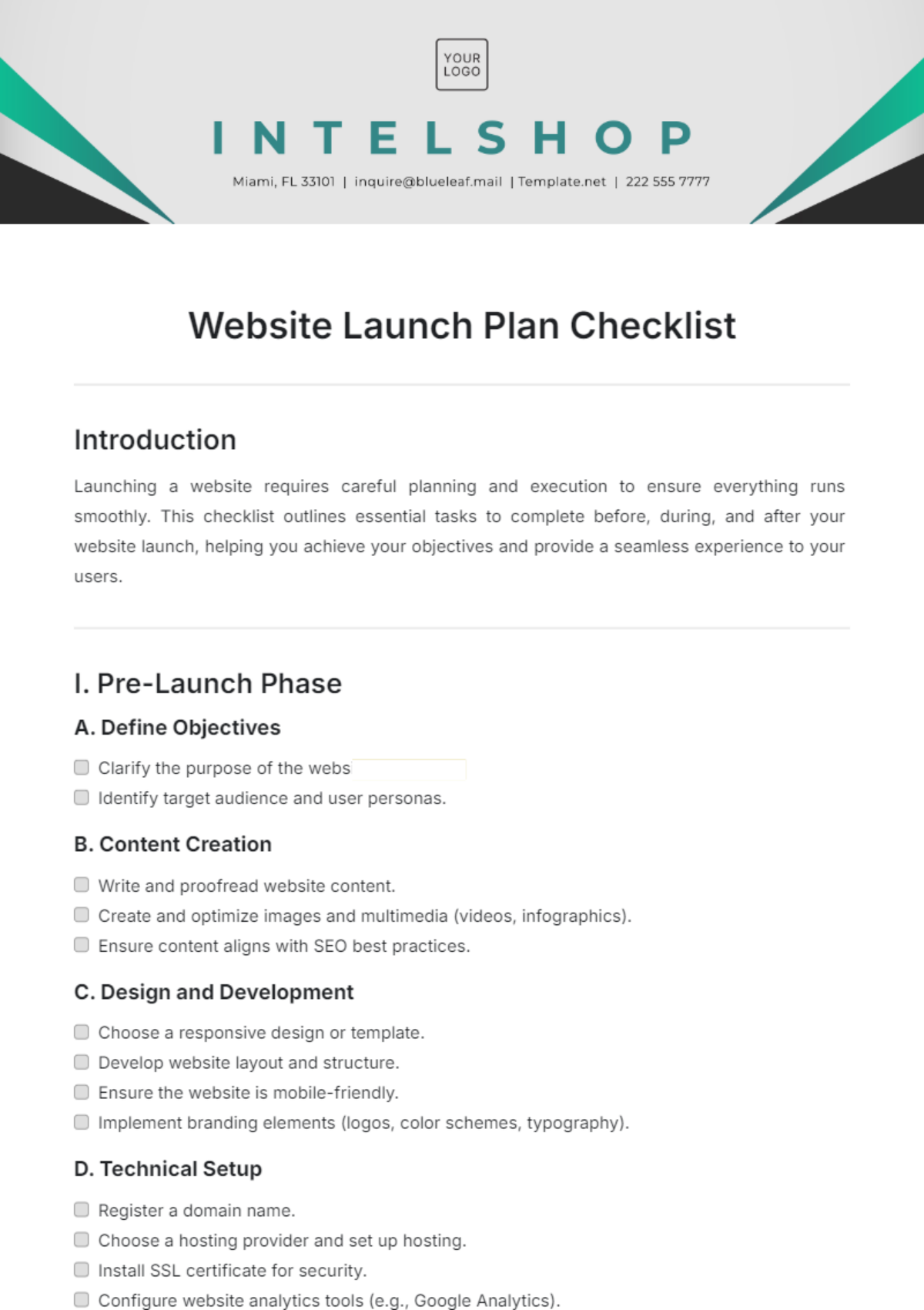 Website Launch Plan Checklist Template