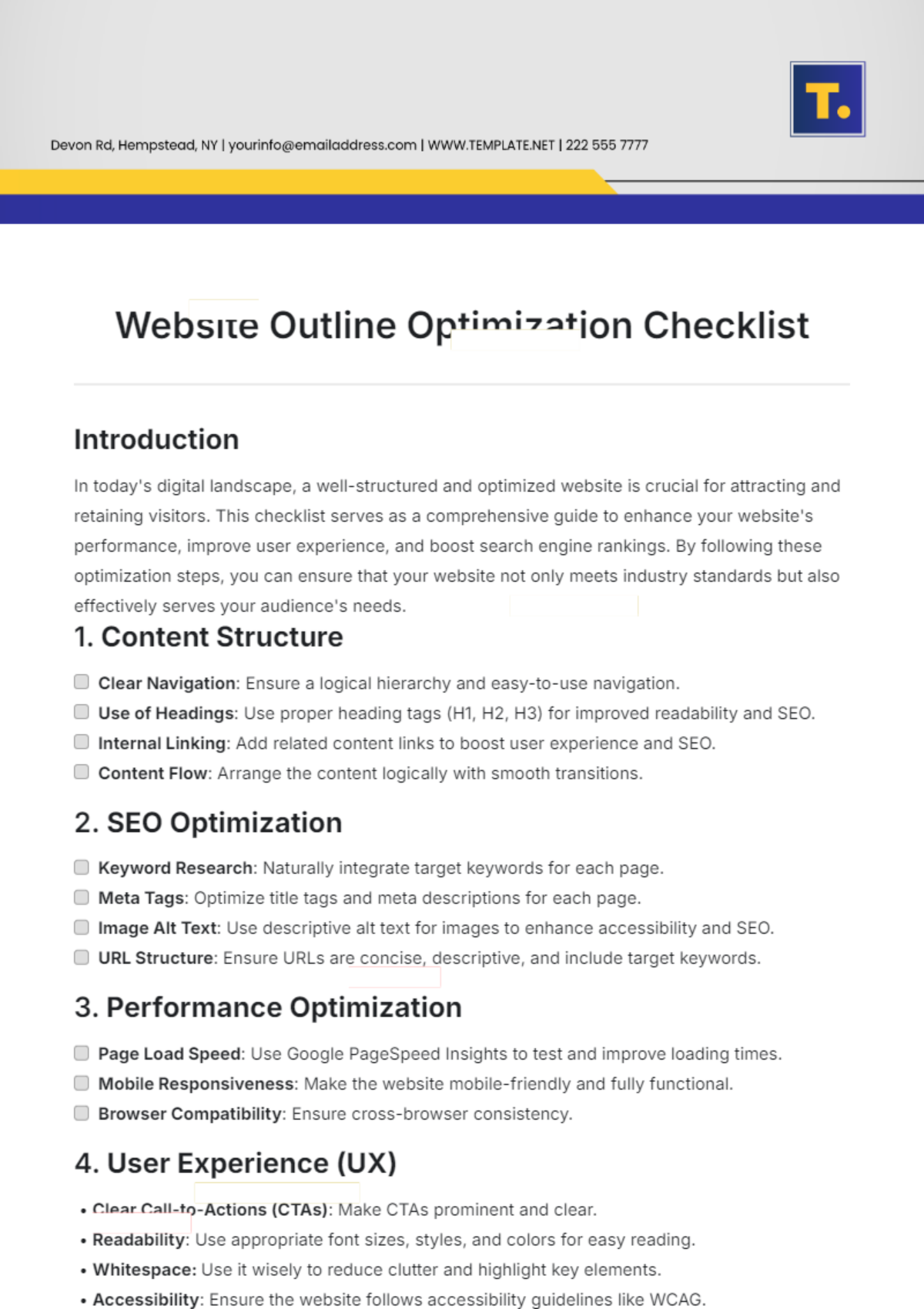 Website Outline Optimization Checklist Template