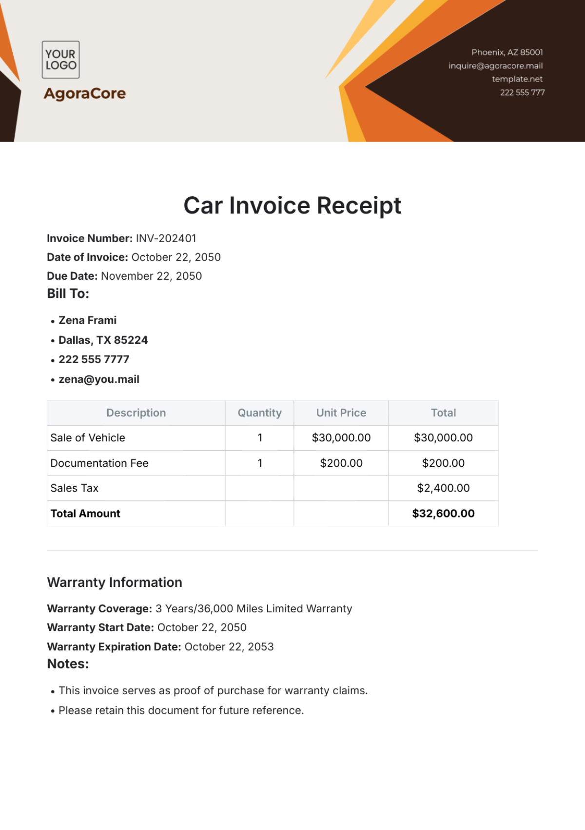 Car Invoice Receipt Template - Edit Online & Download