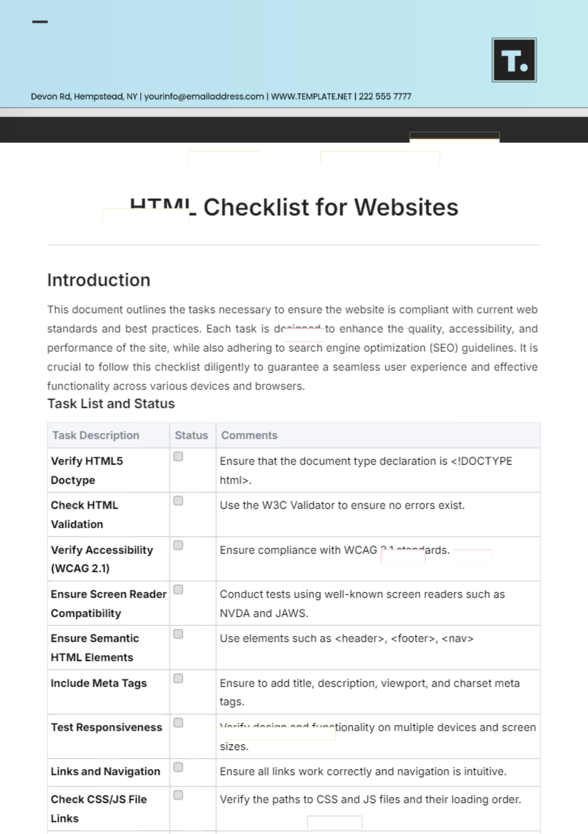 HTML Checklist for Websites Template