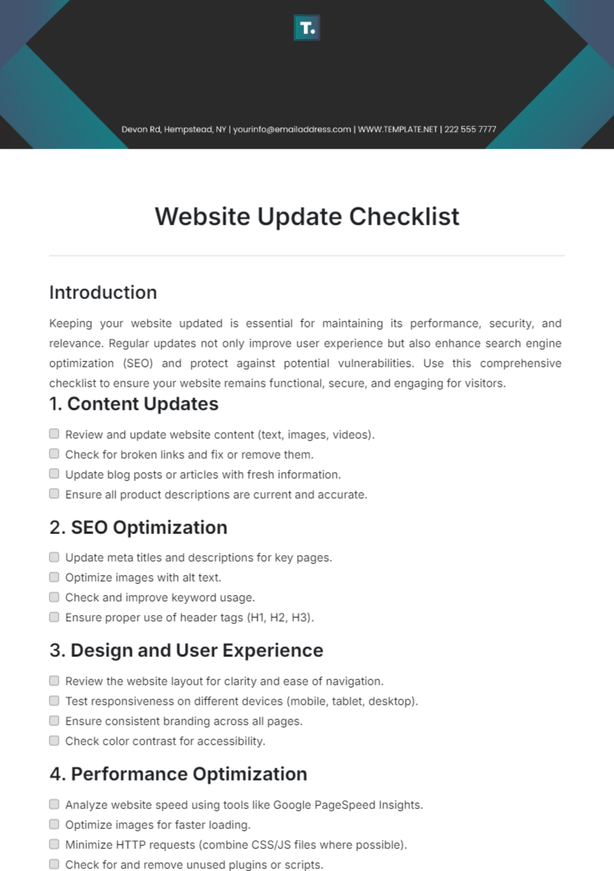 Website Update Checklist Template