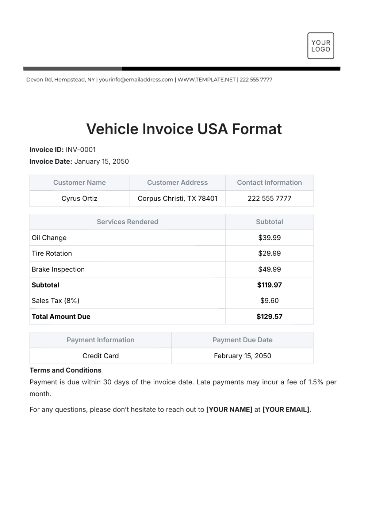 Vehicle Invoice USA Format Template - Edit Online & Download