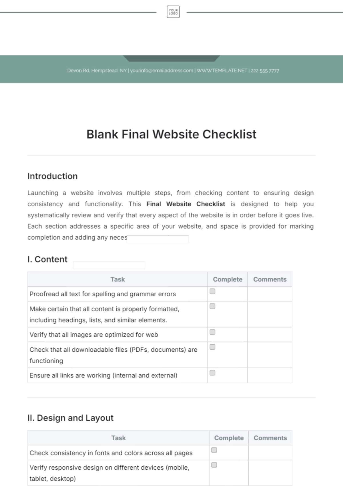 Blank Final Website Checklist Template